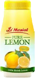 Botol bertutup kuning berlabel Le'Monial Pure Lemon, dengan gambar buah lemon dan tulisan 100% Ekstrak Lemon.